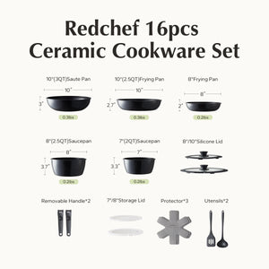 Redchef Ceramic Pots and Pans Set, Nonstick Kitchen Cookware Set with Detachable Handle, Non Toxic Cookware Set 16pcs, PFAS PFOA & PTFE Free, RV Ceramic Cookware for Camping, Dishwasher/Oven Safe