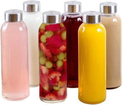 Brieftons Borosilicate Glass Water Bottles With Caps: Clear, 6 Pack, 18 Oz, Heat Resistant, Slim, Easy to Store, Leakproof Lids, Best As Reusable Drinking Bottle, Sauce Jar, Juice Beverage Container