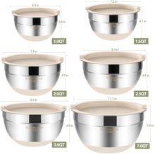Load image into Gallery viewer, Umite Chef Mixing Bowls with Airtight Lids, 6 piece Stainless Steel Metal Nesting Storage Bowls, Non-Slip Bottoms Size 7, 3.5, 2.5, 2.0,1.5, 1QT, Great for Mixing &amp; Serving (Khaki)