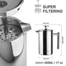 Load image into Gallery viewer, Secura French Press Coffee Maker, 304 Grade Stainless Steel Insulated Coffee Press with 2 Extra Screens, 34oz (1 Litre), Silver