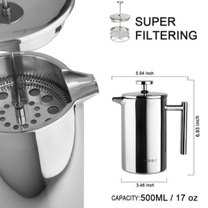 Secura French Press Coffee Maker, 304 Grade Stainless Steel Insulated Coffee Press with 2 Extra Screens, 34oz (1 Litre), Silver