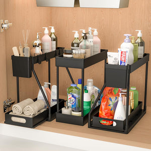 3PC Under Sink Organizer Rack 2 Tier Under Sliding Cabinet Basket Organizer Drawer, Multi-purpose Under Sink Storage for Bathroom Kitchen Desktop (Black)