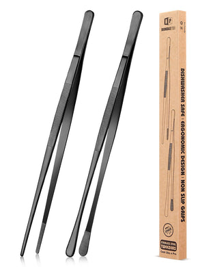2 Pcs 10-Inch Kitchen Tweezers Fine Tweezer Tongs, Stainless Steel Professional Long Cooking Tweezers for BBQ, Sea Food, Repairing and Serving (BLACK)