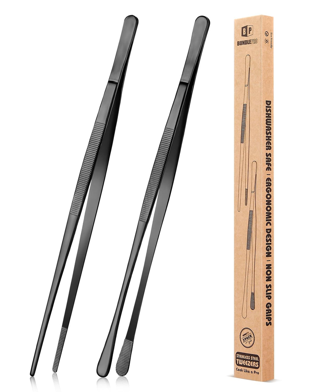 2 Pcs 10-Inch Kitchen Tweezers Fine Tweezer Tongs, Stainless Steel Professional Long Cooking Tweezers for BBQ, Sea Food, Repairing and Serving (BLACK)