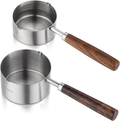 Measuring Cup with Wooden Handle Set of 2, 1 Cup and 1/2 Cup Stainless Steel Measuring Cups for Baking Cooking