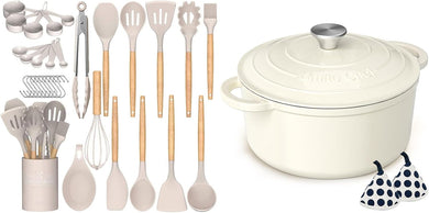 Umite Chef Kitchen Cooking Utensils Set 5QT Enameled Cast Iron Dutch Oven with Lid & Cotton Potholders