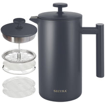 Load image into Gallery viewer, Secura French Press Coffee Maker, 304 Grade Stainless Steel Insulated Coffee Press with 2 Extra Screens, 34oz (1 Litre), Silver