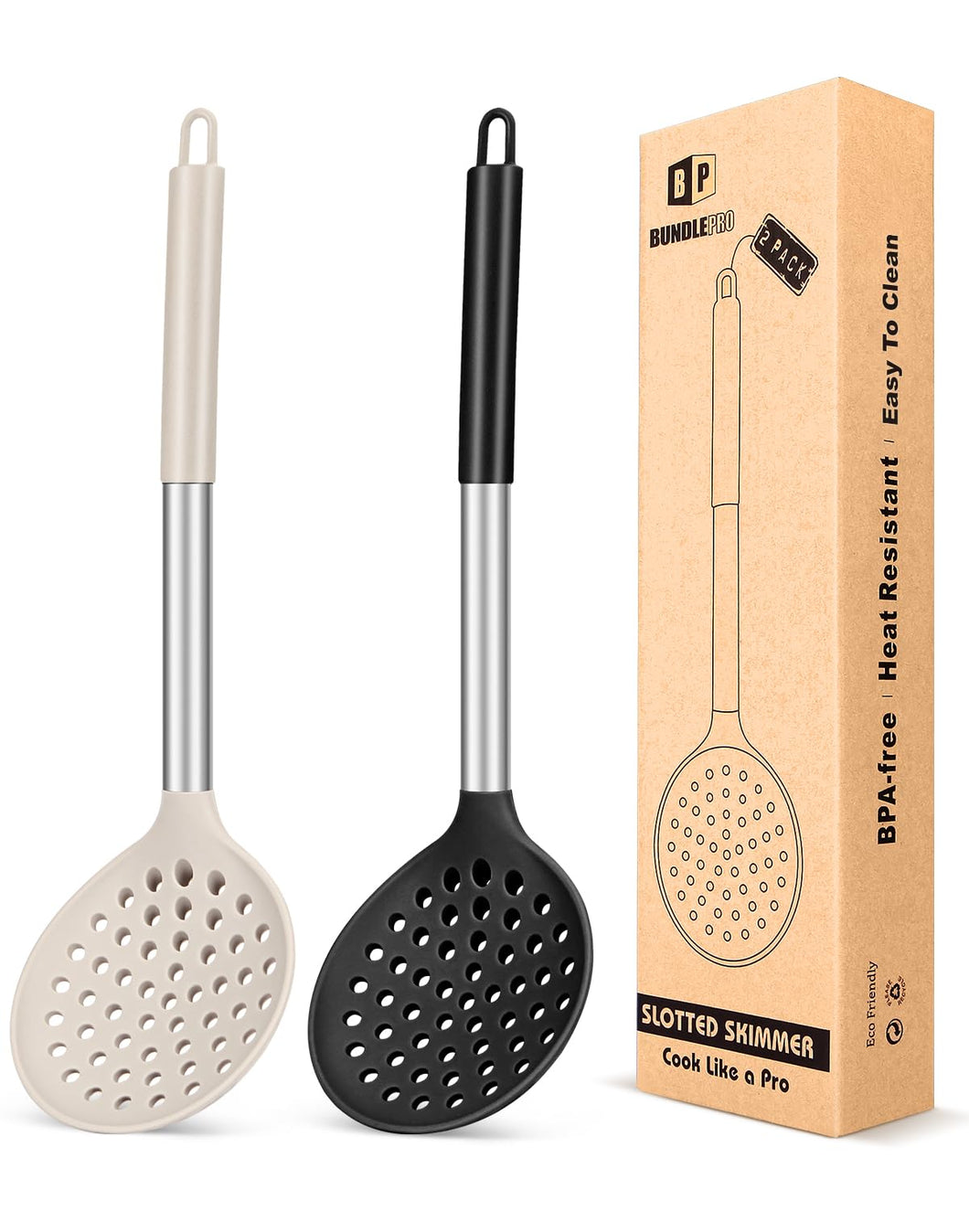 Kitchen Ladle Strainer Set of 2 Large Slotted Spoon with High Heat Resistant BPA Free Non Stick Cooking Skimmers For Draining and Frying (Grey and Teal Blue)
