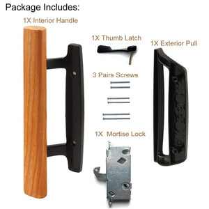 Sliding Glass Door Handle Set Oak Wood Interior Handle and Exterior Pull White Diecast Finish+Mortise Lock 45° Keyway Fits 3-15/16” Screw Hole Spacing, Non-keyed with Latch Locks(White)