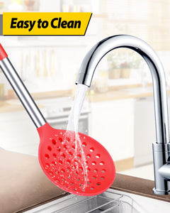 Kitchen Ladle Strainer Set of 2 Large Slotted Spoon with High Heat Resistant BPA Free Non Stick Cooking Skimmers For Draining and Frying (Grey and Teal Blue)