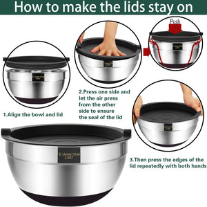 Umite Chef Mixing Bowls with Airtight Lids, 6 piece Stainless Steel Metal Nesting Storage Bowls, Non-Slip Bottoms Size 7, 3.5, 2.5, 2.0,1.5, 1QT, Great for Mixing & Serving (Khaki)