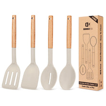 Load image into Gallery viewer, Pack of 4 Silicone Cooking Utensils Set, Non Stick Solid Spatulas and Heat Resistant Slotted Spoons with Wooden Handle, Ideal Wood Kitchen Utensils Set for Frying,Serving,Turning,Stirring (KHAKI)