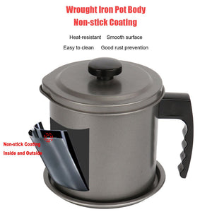 Bacon Grease Container with Fine Mesh Strainer, 1.3 L almost 6 Full Cups Iron Cooking Oil Can with Removable a Coaster Tray for Kitchen Fat Storage Black