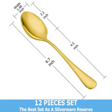 Load image into Gallery viewer, 12 Piece Gold Dessert Set - Stainless Steel Tea Spoons, Durable Small Spoons, Mirror Polished &amp; Dishwasher Safe, 6.7-Inch
