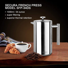 Load image into Gallery viewer, Secura French Press Coffee Maker, 304 Grade Stainless Steel Insulated Coffee Press with 2 Extra Screens, 34oz (1 Litre), Silver