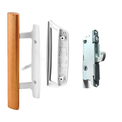 Sliding Glass Door Handle Set Oak Wood Interior Handle and Exterior Pull White Diecast Finish+Mortise Lock 45° Keyway Fits 3-15/16” Screw Hole Spacing, Non-keyed with Latch Locks(White)