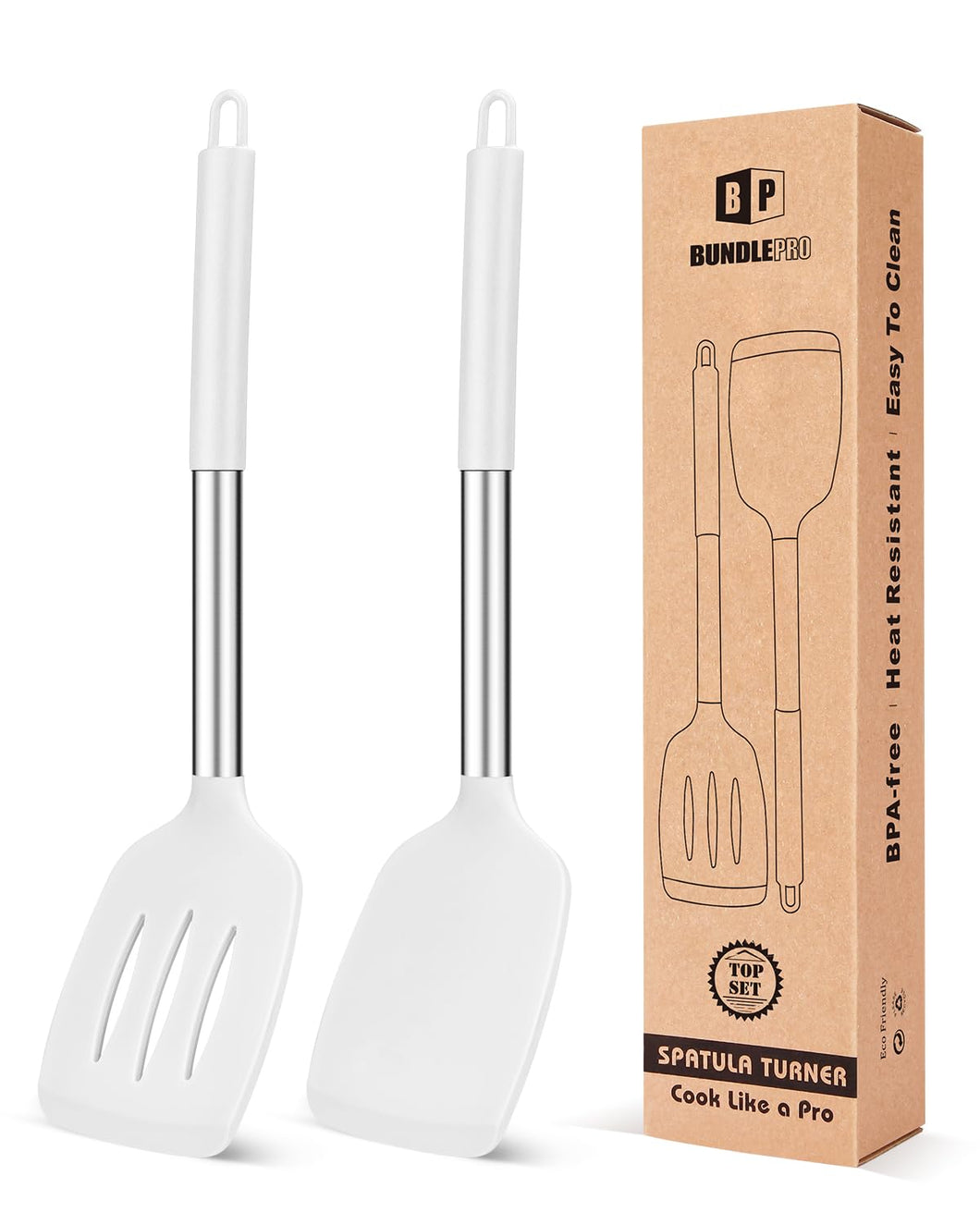Pack of 2 Silicone Solid Turner, Non Stick Slotted Kitchen Spatulas, High Heat Resistant BPA Free Cooking Utensils, Ideal Cookware for Fish, Eggs, Pancakes(Black)