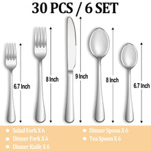 Load image into Gallery viewer, MUTNITT 30 Pcs Silverware Set Service for 6,Premium Stainless Steel Flatware Set,Mirror Polished Cutlery Utensil Sets,Durable Kitchen Eating Tableware Sets,Include Fork Knife Spoon,Dishwasher Safe