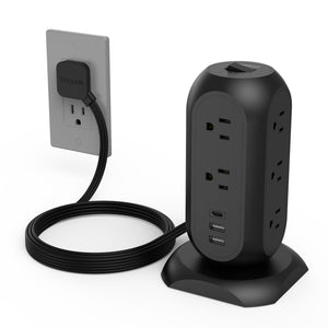 Tower Power Strip Flat Plug with 11 Outlets 3 USB (1 USB C), TESSAN Surge Protector Tower 1625W/13A,1050J Protection, 6 Feet Extension Cord with Multiple Outlets, Office Desk Supplies, Dorm Essentials