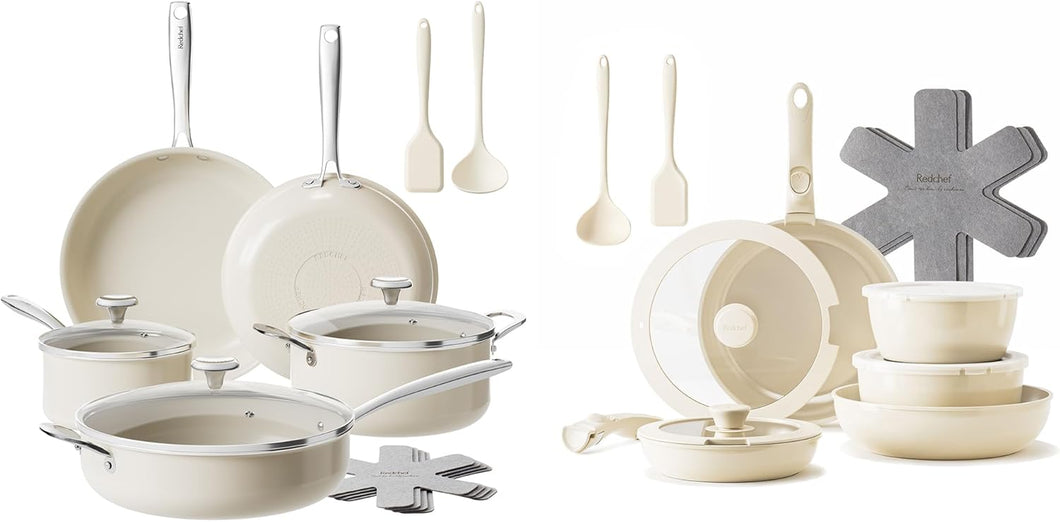 Redchef Ceramic Nonstick Cookware Set,30pcs Pots and Pans Set Non Stick,Induction Cookware with Stainless Steel Handle,Non Toxic Kitchen Cooking Set,Dishwasher & Oven Safe,PFAS PFOA & PTFE Free