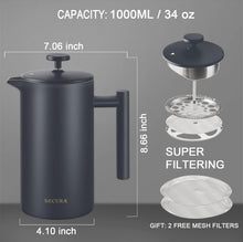 Load image into Gallery viewer, Secura French Press Coffee Maker, 304 Grade Stainless Steel Insulated Coffee Press with 2 Extra Screens, 34oz (1 Litre), Silver