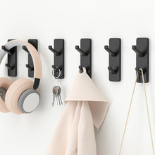 Load image into Gallery viewer, Self-Adhesive Wall Hooks - 4 Pack, Black Metal Coat &amp; Towel Hooks for Hanging: Hold 13 LB, Ideal for Bathrooms, Shower, Kitchen &amp; Doors