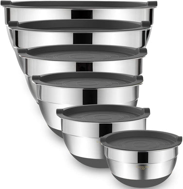 Umite Chef Mixing Bowls with Airtight Lids, 6 piece Stainless Steel Metal Nesting Storage Bowls, Non-Slip Bottoms Size 7, 3.5, 2.5, 2.0,1.5, 1QT, Great for Mixing & Serving (Khaki)