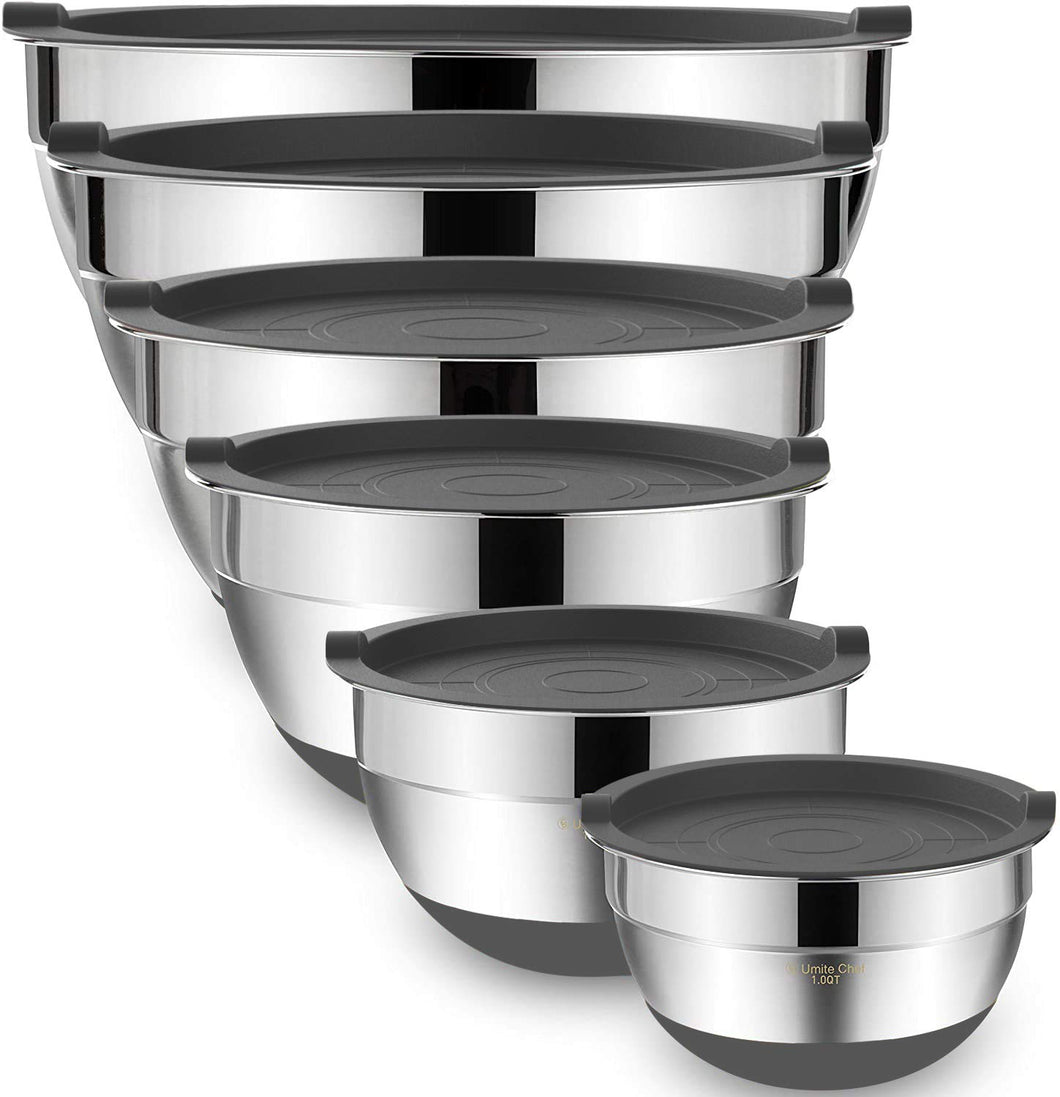 Umite Chef Mixing Bowls with Airtight Lids, 6 piece Stainless Steel Metal Nesting Storage Bowls, Non-Slip Bottoms Size 7, 3.5, 2.5, 2.0,1.5, 1QT, Great for Mixing & Serving (Khaki)