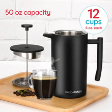 Load image into Gallery viewer, Belwares French Press Coffee Maker 50 OZ - Large Insulated Stainless Steel 304 Coffee Press with Double Wall &amp; 4-Level Filtration System (Black - 1.5L)