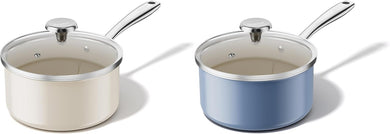 Redchef Ceramic Sauce Pan with Lid, 2.5QT White & Blue Saucepans Set, Nonstick Cooking Pot Set with Stay-Cool Handle, Non Toxic Small Pot, PTFE & PFOA Free, Oven Dishwasher Induction Safe