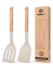 Load image into Gallery viewer, Pack of 2 Silicone Cooking Spatula, Heat Resistant Solid Turner, Non Stick Slotted Spatulas with Wooden Short Handle,Ideal Wood Kitchen Utensils Set for Frying, Baking, Flipping, Turning