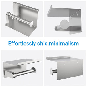 Adhesive Toilet Paper Holder with Phone Shelf, Wall Mounted Or Adhesive, Rustproof Toilet Paper Roll Holder- Silver