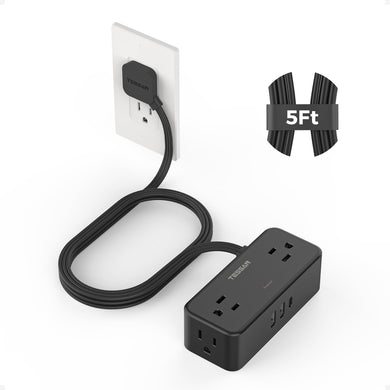 Flat Plug Extension Cord 5 FT, TESSAN Surge Protector Power Strip with 4 AC Outlets 1 USB C and 2 USB A Ports, 900 Joules Protection, Multiple Wall Outlet Extender Suitable for Home Office Dorm