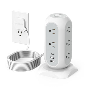 Tower Power Strip Flat Plug with 11 Outlets 3 USB (1 USB C), TESSAN Surge Protector Tower 1625W/13A,1050J Protection, 6 Feet Extension Cord with Multiple Outlets, Office Desk Supplies, Dorm Essentials