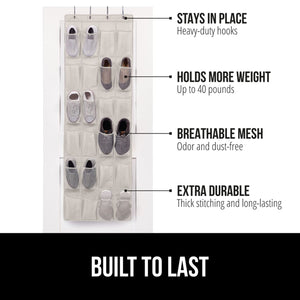 Over the Door Shoe Organizer, 24 Large Breathable Mesh Pockets, Space Saving Hanging Storage Holder, Closet Rack Hanger Holds Up to 40 lbs, Hangs on Closets for Shoes, Accessories, Black