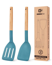 Load image into Gallery viewer, Pack of 2 Silicone Cooking Spatula, Heat Resistant Solid Turner, Non Stick Slotted Spatulas with Wooden Short Handle,Ideal Wood Kitchen Utensils Set for Frying, Baking, Flipping, Turning