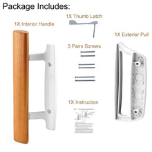 Load image into Gallery viewer, Mortise Style Reversible Sliding Patio Door Handle Set with Oak Wood Interior Handle and Exterior Pull in White Diecast Finish Fits 3-15/16” Screw Hole Spacing, Non-keyed with Latch Locks (Black)