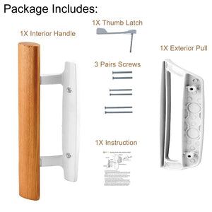 Mortise Style Reversible Sliding Patio Door Handle Set with Oak Wood Interior Handle and Exterior Pull in White Diecast Finish Fits 3-15/16” Screw Hole Spacing, Non-keyed with Latch Locks (Black)
