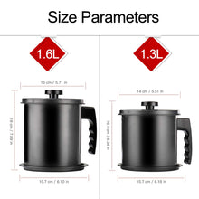 Load image into Gallery viewer, Bacon Grease Container with Fine Mesh Strainer, 1.3 L almost 6 Full Cups Iron Cooking Oil Can with Removable a Coaster Tray for Kitchen Fat Storage Black