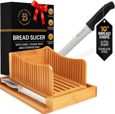 Bamboo Bread Slicer with Crumb Tray & Knife – 3 Slice Thickness Options, Foldable Storage, 10” Ultra Sharp Stainless Steel Bread Knife with Ergonomic Handle – Sourdough & Cake Cutter Set