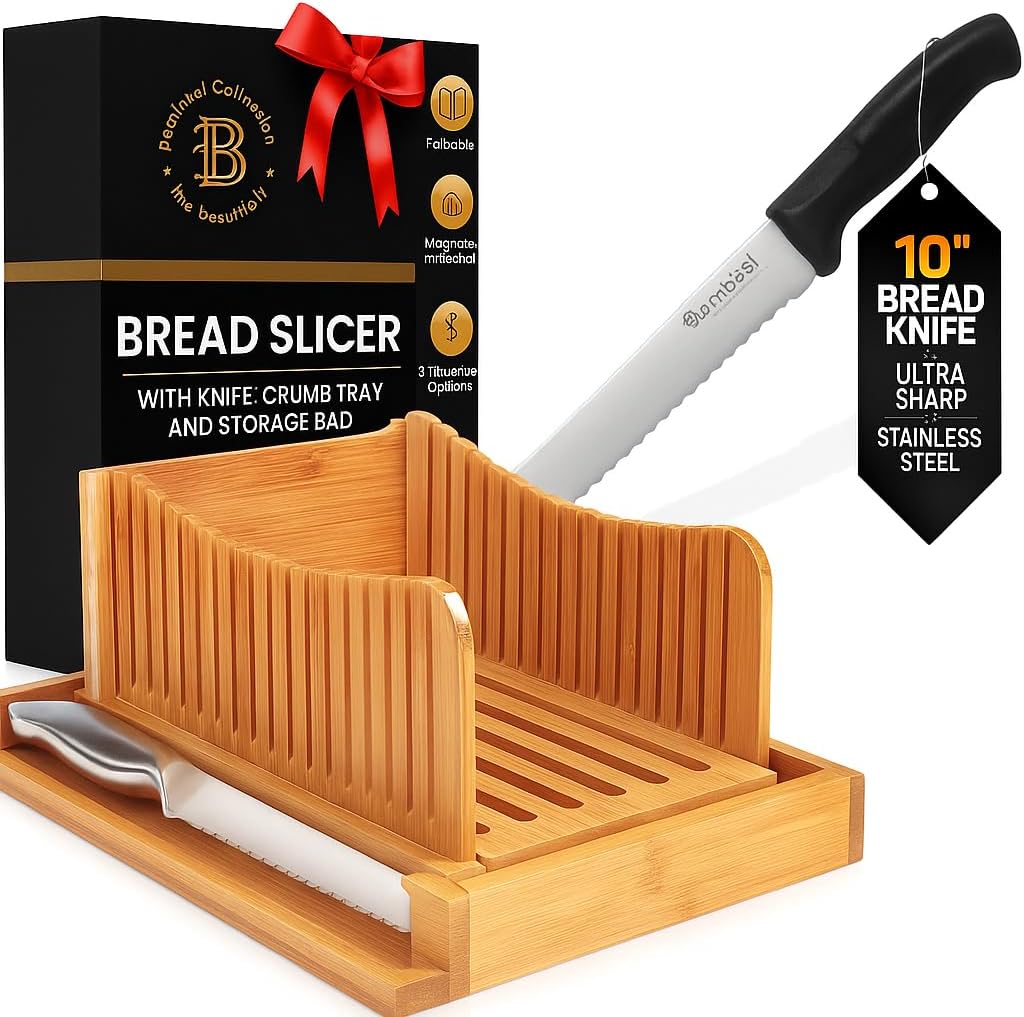 Bamboo Bread Slicer with Crumb Tray & Knife – 3 Slice Thickness Options, Foldable Storage, 10” Ultra Sharp Stainless Steel Bread Knife with Ergonomic Handle – Sourdough & Cake Cutter Set