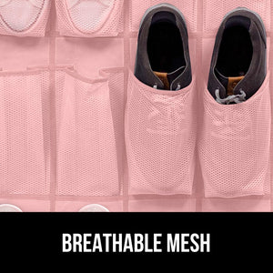 Over the Door Shoe Organizer, 24 Large Breathable Mesh Pockets, Space Saving Hanging Storage Holder, Closet Rack Hanger Holds Up to 40 lbs, Hangs on Closets for Shoes, Accessories, Black