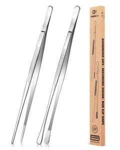 2 Pcs 10-Inch Kitchen Tweezers Fine Tweezer Tongs, Stainless Steel Professional Long Cooking Tweezers for BBQ, Sea Food, Repairing and Serving (BLACK)
