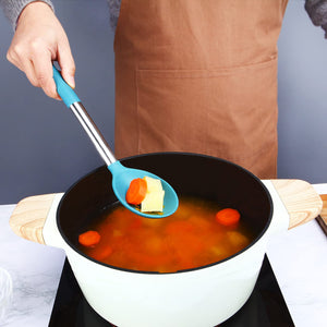 Pack of 2 Large Silicone Slotted Spoon Kitchen Skimmer with High Heat Resistant BPA Free Non Stick Cooking Ladle Strainers For Draining and Frying (Gray-Blue)