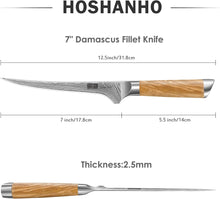 Load image into Gallery viewer, 7 Inch Damascus Fillet Knife, Professional VG-10 Super Steel Japanese Boning Knife, Ultra Sharp Fish Knife with Ergonomic Olive Wood Handle