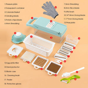 Vegetable Chopper, Multifunctional Vegetable Cutter Onion Chopper Mandoline Slicer Dicer with Colander Basket and Container 8 Interchangeable Blades