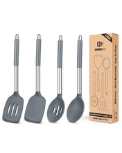 Load image into Gallery viewer, Pack of 4 Silicone Cooking Utensils Set, Non Stick Large Solid Spatulas, Heat Resistant Black Slotted Spoons, Ideal BPA Free Kitchen Turners for Frying, Mixing,Serving,Draining,Turning,Stirring