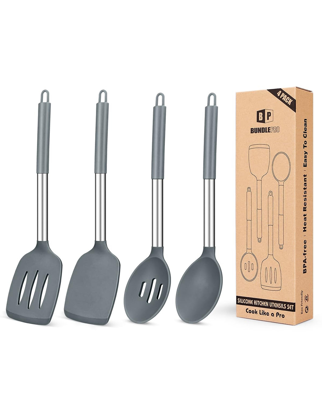 Pack of 4 Silicone Cooking Utensils Set, Non Stick Large Solid Spatulas, Heat Resistant Black Slotted Spoons, Ideal BPA Free Kitchen Turners for Frying, Mixing,Serving,Draining,Turning,Stirring