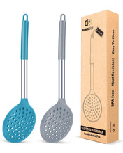 Load image into Gallery viewer, Kitchen Ladle Strainer Set of 2 Large Slotted Spoon with High Heat Resistant BPA Free Non Stick Cooking Skimmers For Draining and Frying (Grey and Teal Blue)