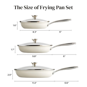 Redchef Nonstick Cookware Sets, Frying Pan Set with Tempered Glass Lids, Ceramic Cookware Set, Stay-Cool Handles, Dishwasher & Oven Safe, Compatible with All Cooktops, Beige (8+9.5+11 Inch)